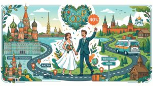 Иллюстрация для статьи о планировании бюджетного свадебного путешествия по России в современном стиле