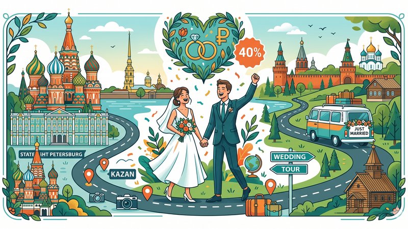 Иллюстрация для статьи о планировании бюджетного свадебного путешествия по России в современном стиле
