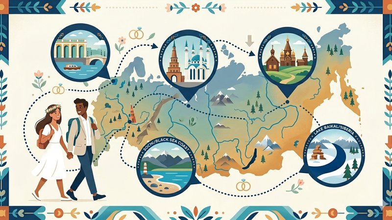 Иллюстрация с романтическими достопримечательностями России для статьи о бюджетных свадебных поездках в 2026 году